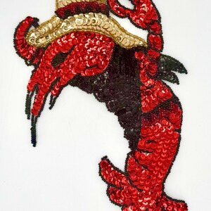 Crawfish Wearing Cowboy Hat Appliqué -  Red, Black and Gold Sequins and Beads 7.5" x 6"
