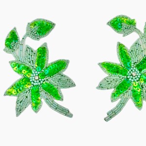 Flower Pair - Lime Green Iridescent Sequins and Beads - Rhinestone 4.75" x 3.25" each side