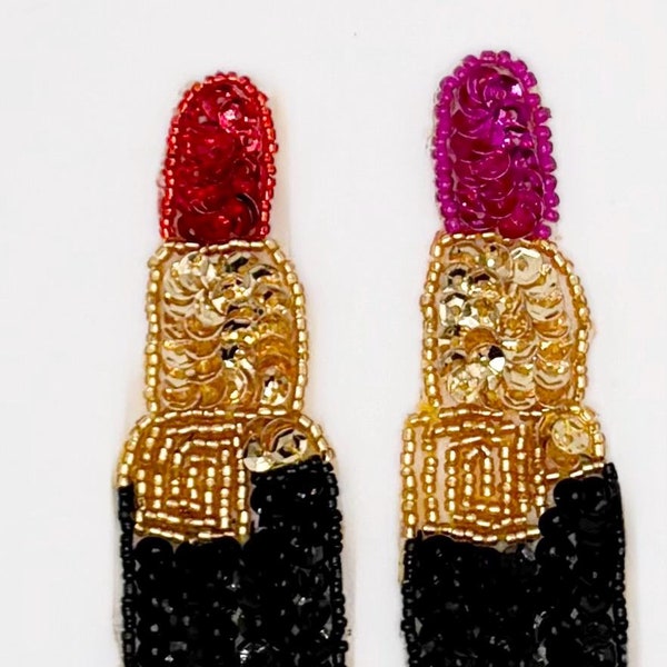 Red or Fuchsia Lipstick Appliqué with Sequins and Beads  3.5" x 1" (Choose Color)