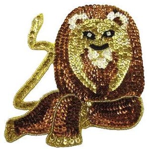 May include: A decorative lion patch crafted with shimmering sequins in shades of gold, bronze, and dark brown. The lion features a prominent mane, a smiling face with black embroidered details, and a long, curved tail extending to the left side.