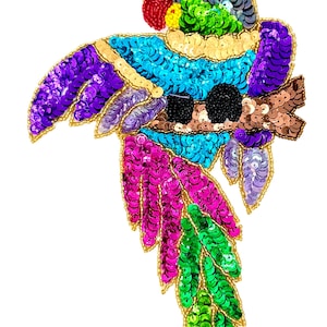 Parrot on a Perch- Green Tail - Multicolored Sequins and Beads 8.75" x 5.75"