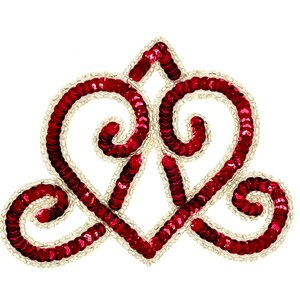 May include: A decorative embellishment with a heart-shaped design. The design is outlined with small, clear beads and filled with red sequins. The embellishment is symmetrical and sits against a white background.