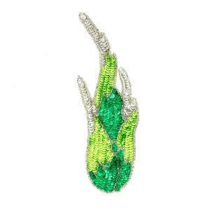 May include: A hand-shaped sequin applique in shades of green and silver. The design features a hand with fingers pointing upwards, filled with green sequins. The edges are outlined with silver sequins, creating a shimmering effect.