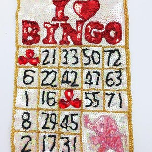 Carte de bingo avec paillettes beiges, rouges, noires et perles Éléphant rose 20 x 15 cm