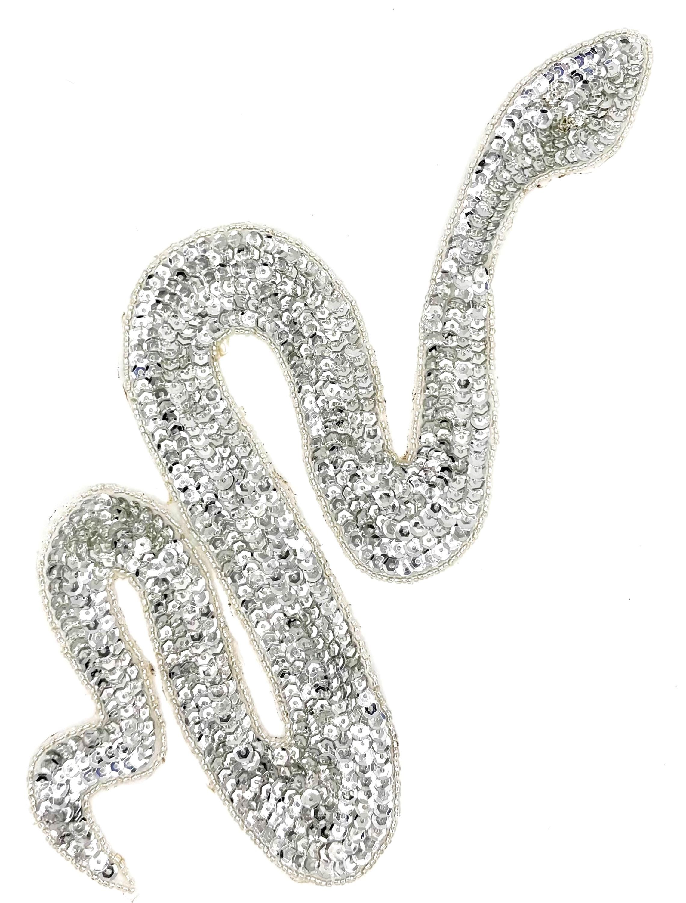 Silver Sequin Snake Appliqué With Rhinestone Eyes 11.5