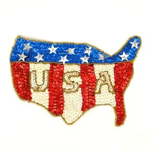American Flag Appliqué In Shape Of Usa Map - Red|White|Blue Sequins - Gold Glass Beads 7" X 5"