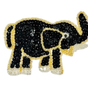 Elephant with Black Sequins - Gold, Silver and Black Glass Beads -  4" x 3"