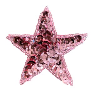 May include: A five-pointed star patch featuring a dense arrangement of shimmering light pink sequins. The edges of the star are meticulously outlined with a border of small, matching light pink beads, creating a defined and textured finish.