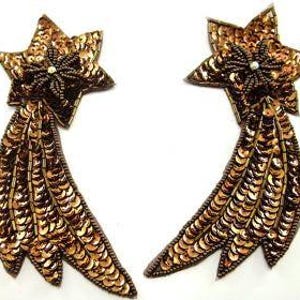 Shooting Star Appliqué - Bronze Sequins - Glass Beads - Ab Rhinestone - Choice Of A Pair Or Single 5.75" X 3"