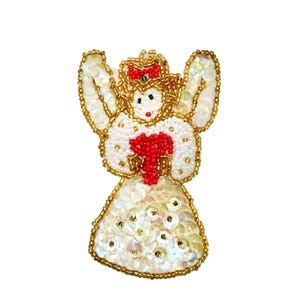 Christmas Angel with Wings - Iridescent Sequins - Red and Gold Glass Beads - 3.75" x 2.5"
