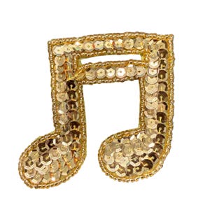 Double Musical Note Appliqué - Choice of Bright Gold or Dark Gold Sequins -Glass Beads  2.75" x 2.75"