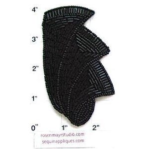 May include: A black beaded applique featuring a layered, fan-like design with intricate seed bead and bugle bead detailing. The applique measures approximately 4 inches in height and 2 inches in width as shown against a ruler scale.
