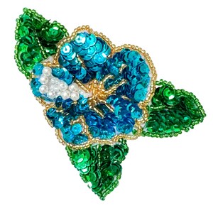 Flower Appliqué - Turquoise and Green - Sequins, Beads and Pearls - 3.5" x 2.5"