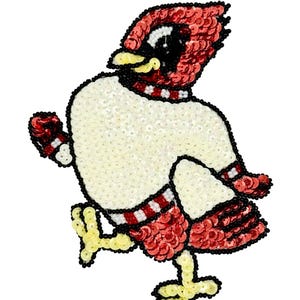 May include: A decorative patch featuring a cardinal bird character wearing a white sweater with red and white striped cuffs and hem. The design is crafted with red, white, and yellow sequins and beads, outlined in black, depicting a bird in motion.