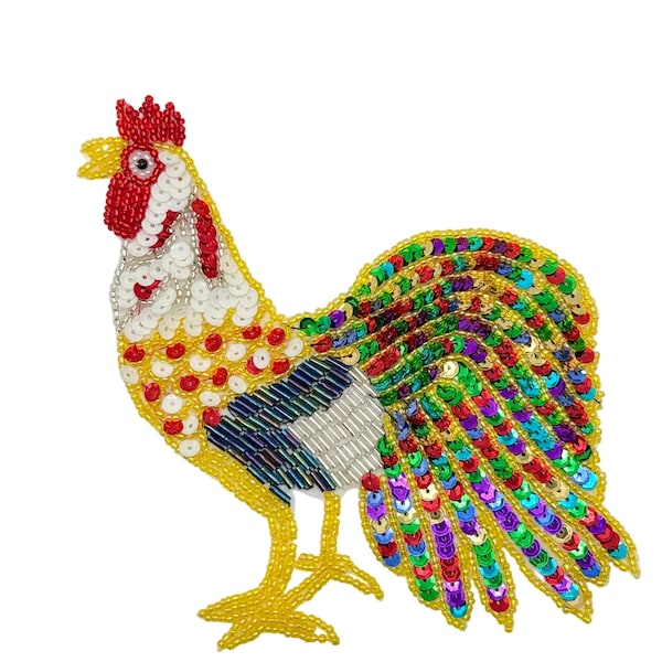 Rooster Appliqué with Colorful Tail Sequin and Beads 7" x 5"