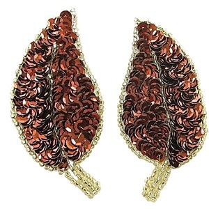 May include: A pair of leaf-shaped patches featuring dark copper-colored sequins covering the surface. The edges of each leaf are outlined with small, metallic gold beads, and a short stem at the base is also detailed with the same gold-colored beads.