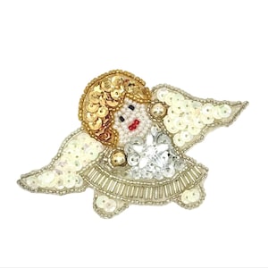 Angel with Iridescent White, Gold and Silver Sequins - Glass Beads - Pre-Glued 3.75" X 2.25"