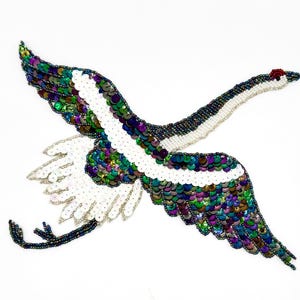 Flying Sequin Crane - Moonlight|White Sequins|Beads-  10.5" x 8"