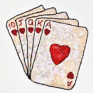Royal Flush with Beige Iridescent and Red Sequins - Black Beads -  8” x 8”