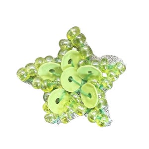 May include: A star-shaped applique patch featuring a border of translucent lime green glass beads and a center filled with five flat, circular, matte lime green sequins, all stitched onto a silver-toned fabric backing with light green thread.