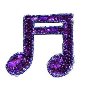 Musical Double Note Appliqué -  Purple Sequins - Glass Beads - Choice of Size 3" x 3" or 2.75" x 2.5"