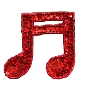 Musical Double Note Appliqué  - Red Sequins - Glass  Beads 3" x 3"