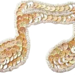 Musical Double Note Appliqué - Beige Sequins - White Glass Beads 3" x 2.5"