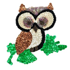 May include: An owl-shaped patch crafted with sequins and beads. The owl features copper, white, and black sequins with iridescent accents around the eyes. It is perched on a branch covered in bright green sequins, creating a textured, decorative piece.