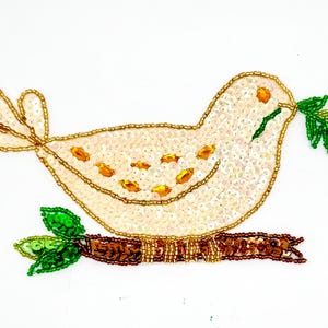 Dove with Olive Branch - Beige and Yellow Sequins and Beads 7" x 4"