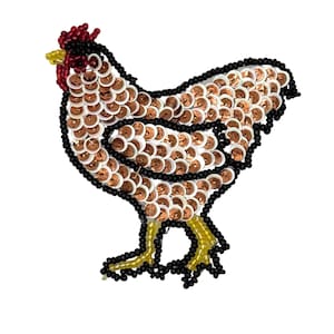 May include: A decorative patch shaped like a chicken, crafted with shimmering copper-colored sequins for the body and wings. The outline is defined by black beads, while the comb is made of red beads and the legs are constructed from yellow beads.