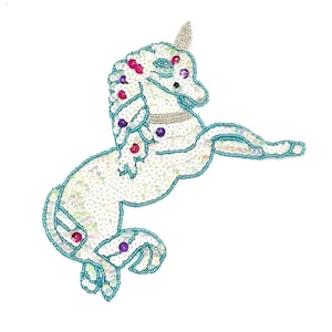 Unicorn - White Iridescent, Fuchsia and Purple Sequins - Turquoise and Silver Beads 6” x 4.75"