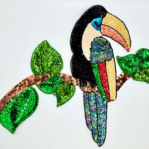 Huge Toucan Perched on a Tree Branch with Multicolored Sequins and Beads 15.75" x 12.5"