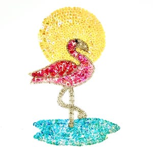 Flamingo with Sun and Water - Sequins and Beads 6.5" x 4.25"