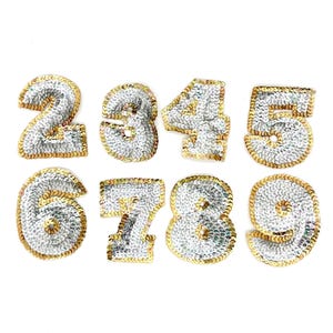 The 3.5” Sparkly Number Appliqué - Silver Sequins - Gold Sequin Trim