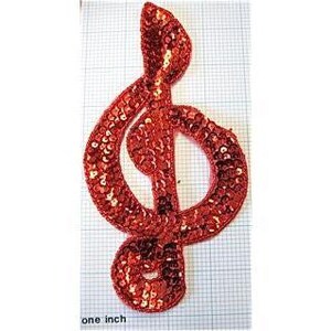 May include: Red sequined treble clef music note iron-on patch, approximately one inch in size.