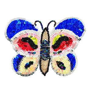 May include: A colorful butterfly-shaped applique with a beaded body and sequined wings. The wings feature blue, pink, yellow, and red sequins. The butterfly's body is made of small, iridescent beads.