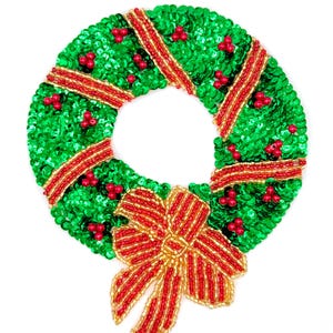Wreath Medium Size Red Gold Green Sequins and Beads 7.5" x 6.75"
