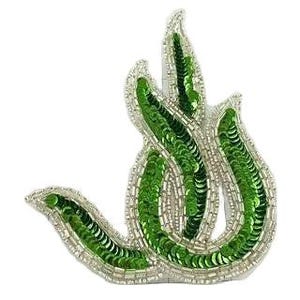 May include: A green sequined flame-shaped patch with silver beaded outlines. The patch has a white backing and is designed to be sewn or ironed onto fabric. The sequins are a vibrant green color.