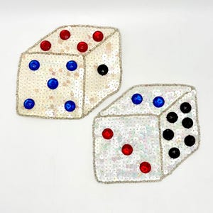 Iridescent White Sequin Dice Pair with Beads and Multi-Color Acrylic Stones 4.75" x 4.5"