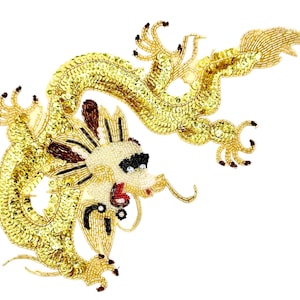 Dragon Appliqué - Gold Sequins and Gold, Red, Black and Silver Beads 12.75" x 7.5"