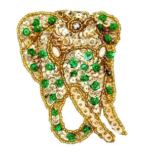 Elephant with Gold, Green and Ivory Sequins and Gold Beads - Rhinestone 3.75" x 3"