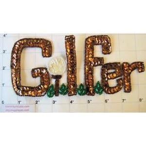 May include: Gold sequined iron-on patch that says "Golfer" with a white golf ball and green leaves.