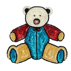 May include: A decorative patch shaped like a teddy bear, crafted with white, red, blue, and gold sequins. The bear features a white head, red arms, a blue torso, and gold legs with blue accents, all outlined with small black beads for definition.