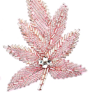Beaded Leaf Appliqué with Silver Beads with a Pink Backing and Rhinestones 3.5" x 5"