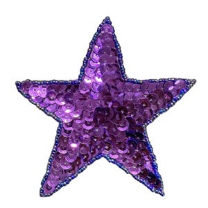 May include: A five-pointed star-shaped patch covered in vibrant purple sequins. The edges of the star are meticulously outlined with a border of small, dark blue beads, creating a defined and textured perimeter around the shiny sequined surface.