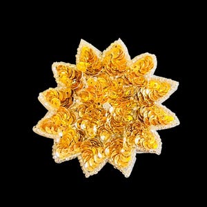 May include: A star-shaped patch featuring a dense arrangement of metallic gold sequins. The edges of the star are outlined with small, clear white seed beads, creating a defined border against the reflective gold surface of the central sequins.