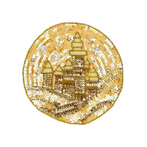 May include: Circular gold sequin patch featuring a detailed castle design with multiple towers and a starry sky. The patch is embellished with gold beads and silver star accents, creating a shimmering effect.
