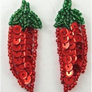 May include: A pair of red and green beaded chili pepper earrings. The chili peppers are made of red sequins and green beads.