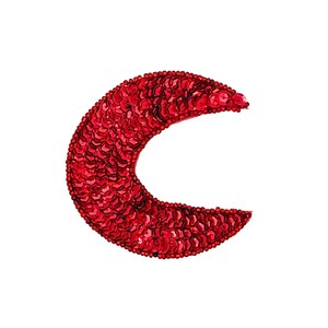 May include: A crescent-shaped embellishment covered in small, shiny red sequins. The sequins are densely packed, creating a textured surface. The item is isolated on a white background, highlighting its shape and color.