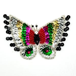 Butterfly Appliqué with Multi-Colored Sequins and Beads with Rhinestone  3.75” x 2.5”
